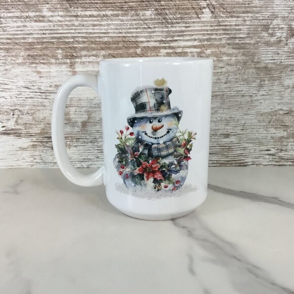 Plaid Snowman Winter Mug 15 oz Ceramic Coffee Cup - Picture 3 of 5